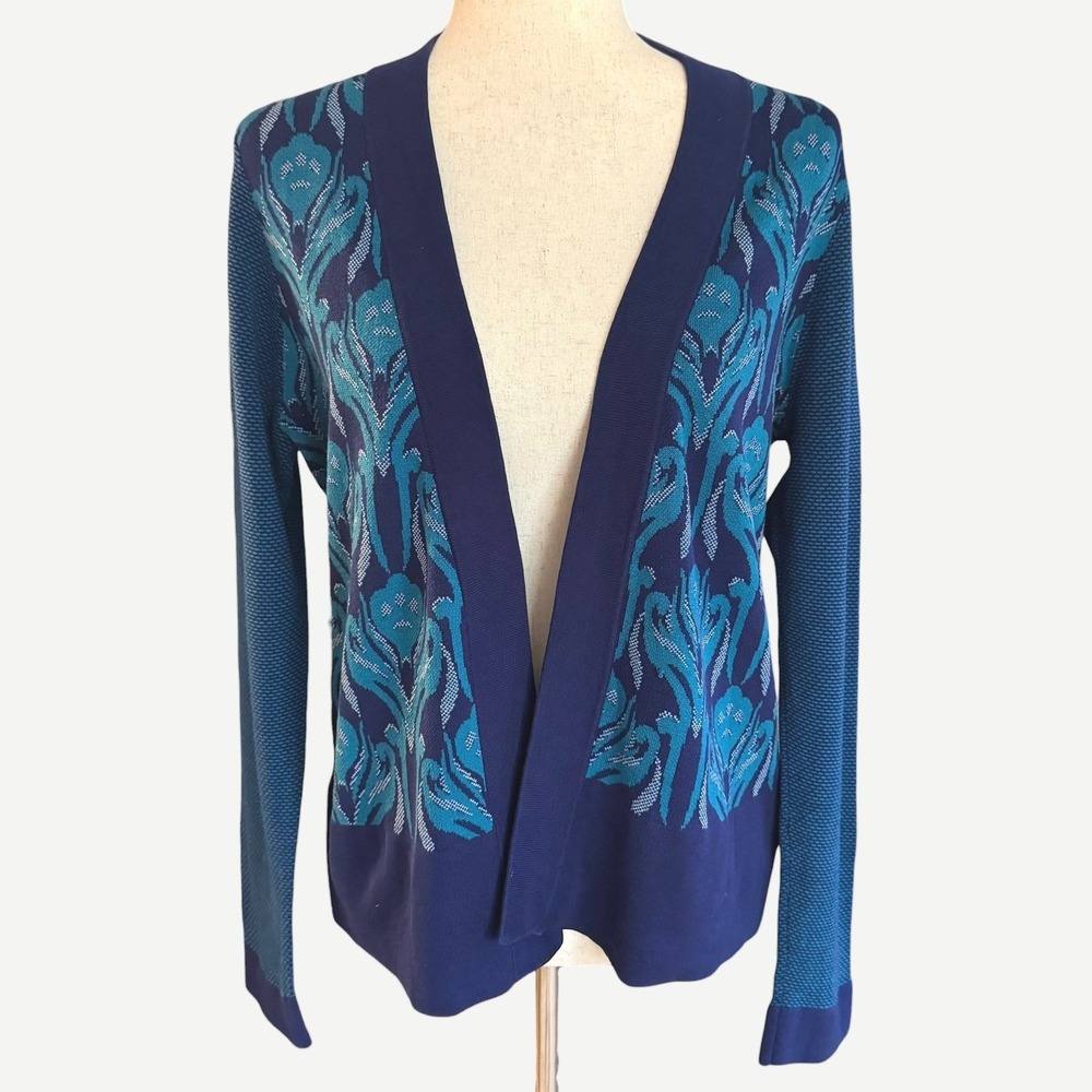 Silk Blend Coldwater Creek Blue Floral Jacquard Cardigan Sweater Sz S boho artsy